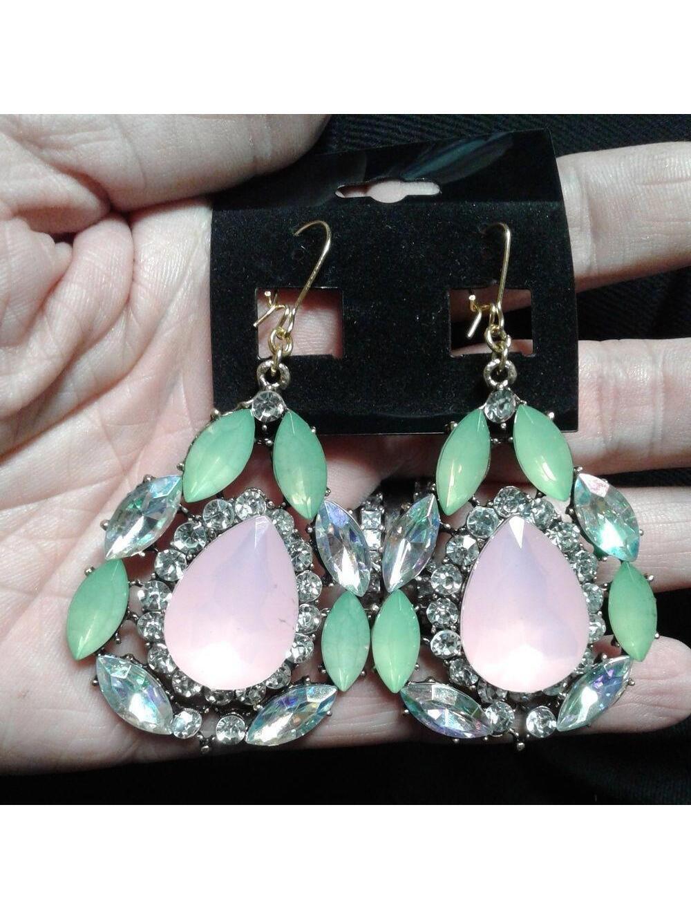 Vivacious Pink Green Crystal Earrings dangle gold